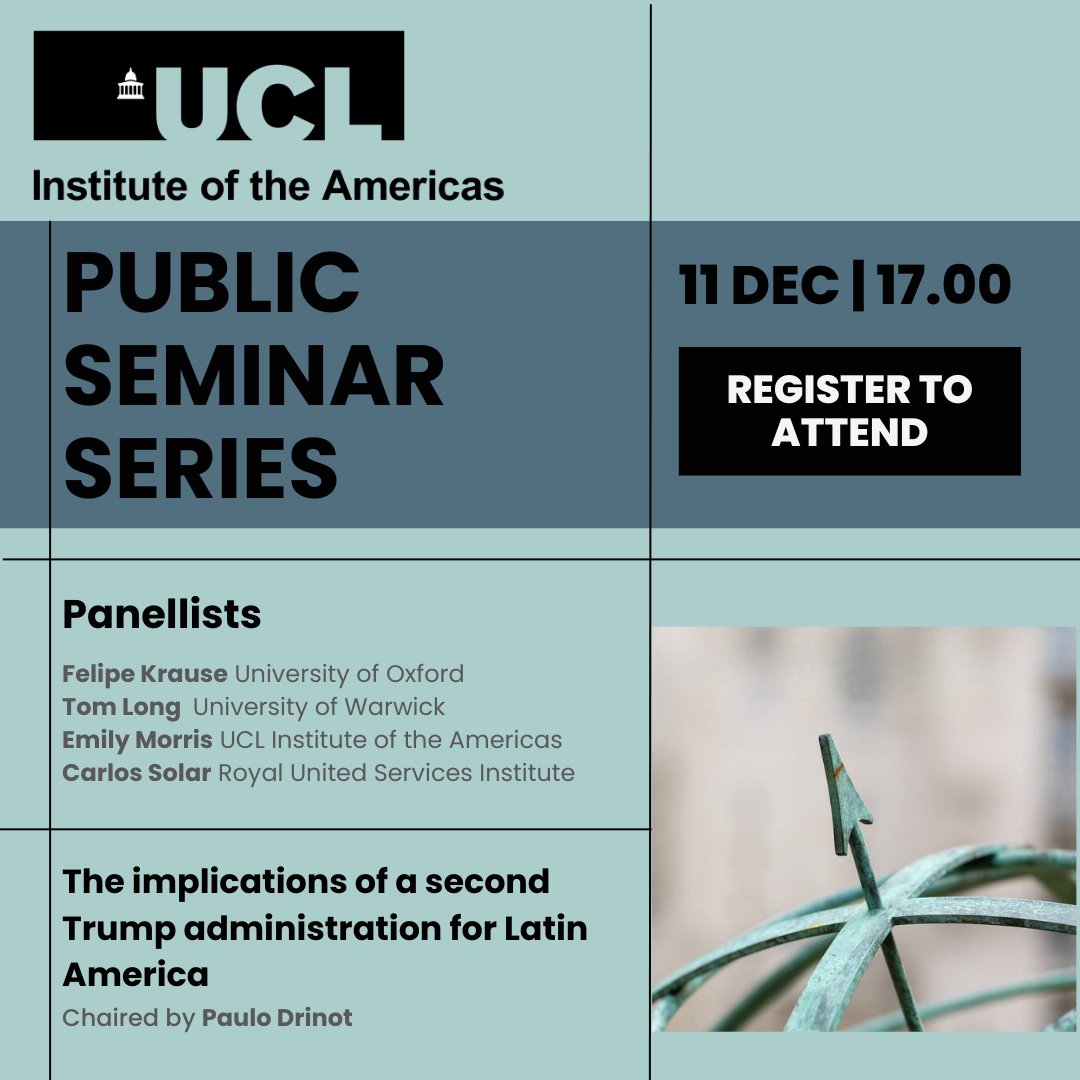 UCL Americas (@uclamericas) on Twitter photo ✨Join an exciting line up of panellists, chaired by <a href="/paulodrinot/">Paulo Drinot</a> consider the implications of a second Trump administration for Latin America on trade, immigration, security policies, and implications of a likely hawkish hemispheric foreign policy.
➡️ucl.ac.uk/americas/event… ✨Join an exciting line up of panellists, chaired by <a href="/paulodrinot/">Paulo Drinot</a> consider the implications of a second Trump administration for Latin America on trade, immigration, security policies, and implications of a likely hawkish hemispheric foreign policy.
➡️ucl.ac.uk/americas/event…