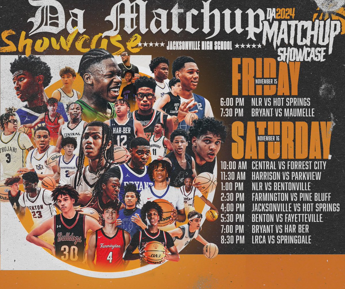⭐️⭐️Da Matchup Showcase⭐️⭐️
                (Today it’s Go Time!)
           "IT'S TIME FOR HOOPS!”

Catch the state's top teams and players in action! Last year's event was electric - don't miss this year's excitement! Get there early!

🗓️- Nov 15-16

📍Jacksonville High School,