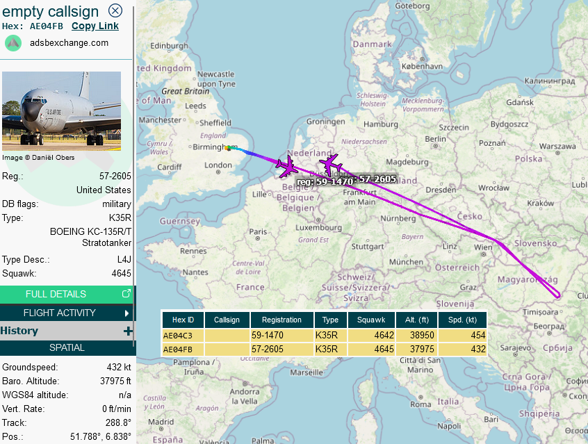 SirListenalot's tweet photo. #KC135's #AE04FB #BLUE32 (RTB) & #AE04C3 #BLUE42 en route Mildenhall - Al-Udeid. #KC46's #AE63BA #RCH878 & #AE63C2 #RCH850 arrived at Mildenhall from Travis. They'll become #BLUE31 & #BLUE41 for upcoming #CoronetEast 003 https://t.co/Q3nNPyulnM