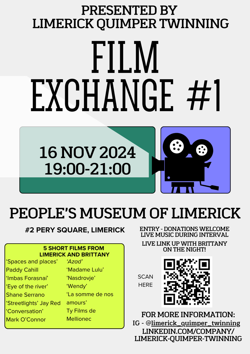 mmppoconnor's tweet photo. Looking forward to our Limerick Quimper Film Exchange tomorrow at 7PM in the @PeoplesMuseumLK 
10 films, 5 each, sharing our storytelling &amp; film making, live music &amp; a Zoom call with our French friends on the night. 
Register here:
https://t.co/FgS1B7jac4

@Limerick_ie #Quimper https://t.co/gbcWrysa1d