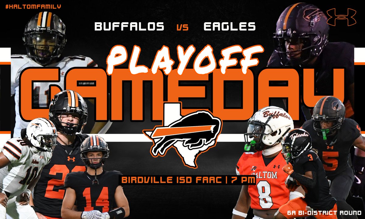Playoff Game 1 tonight!! Be there at the FAAC and be loud for our boys as they take on the Richardson Eagles!! Wear your orange and show up for some Playoff Football!!

#HaltomFamily #PacktheFAAC #JOURNEY2ST4TE 
🦬⚫️🟠🦬