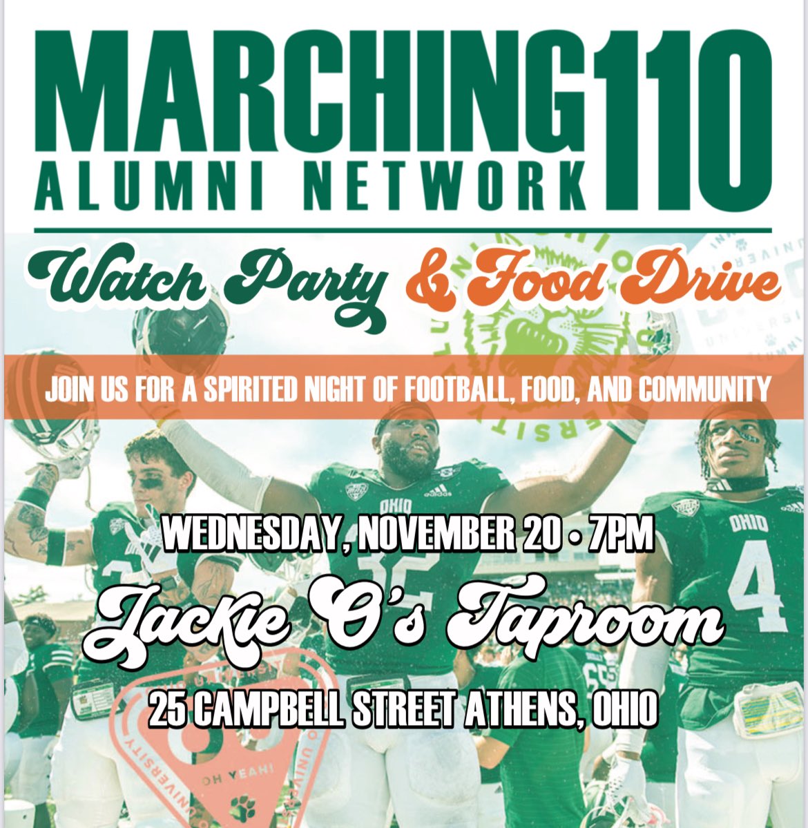 OHIO110Alumni's tweet photo. Football, food, and community.

Join us as for a Bobcats Game Watch Party. Nov 20th, 7 pm at JackieO’s Taproom. 

Bring some canned goods to donate to Cats’ Cupboard! 

#MACtion #ohiobobcatsfootball https://t.co/DO5tUVMG8O