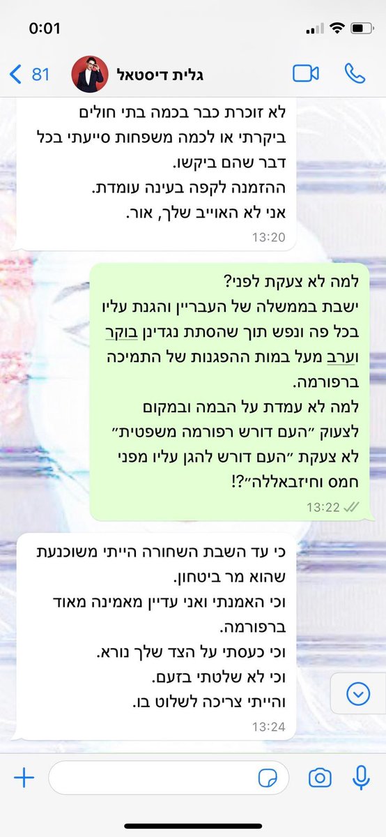 Milifney's tweet image. השרה לשעבר גלית דיסטל אטבריאן בהתכתבות עם פעילת מחאה: "ימיה של הממשלה ספורים. דקה אחרי שהמלחמה מסתיימת אפתח הכול"