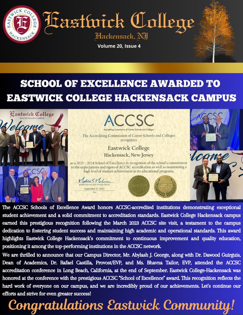 EastwickCollege's tweet photo. Check out the October edition of the Hackensack campus newsletter, which has exciting information about our campus, student body, academics, upcoming events, and more!
#eastwickcollege #campusnewsletter #falledition #ecnews #ecstudents #ecfamily #ecprograms #eccommunity #eclife https://t.co/atkuxMbogW
