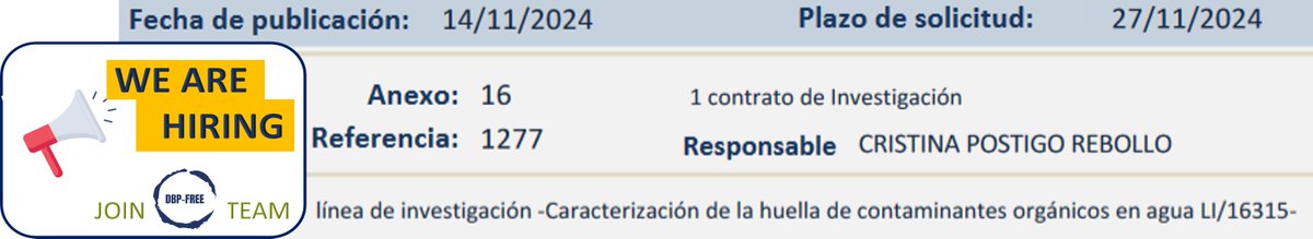 📢#JobOffer We are searching candidates to join the DBP-FREE project and work in the characterization of water disinfection byproduct. Candidates must hold a MSc in Science and be willing to do a PhD on this topic. 
📅Apply before 27th November 
bit.ly/3ARqsqX