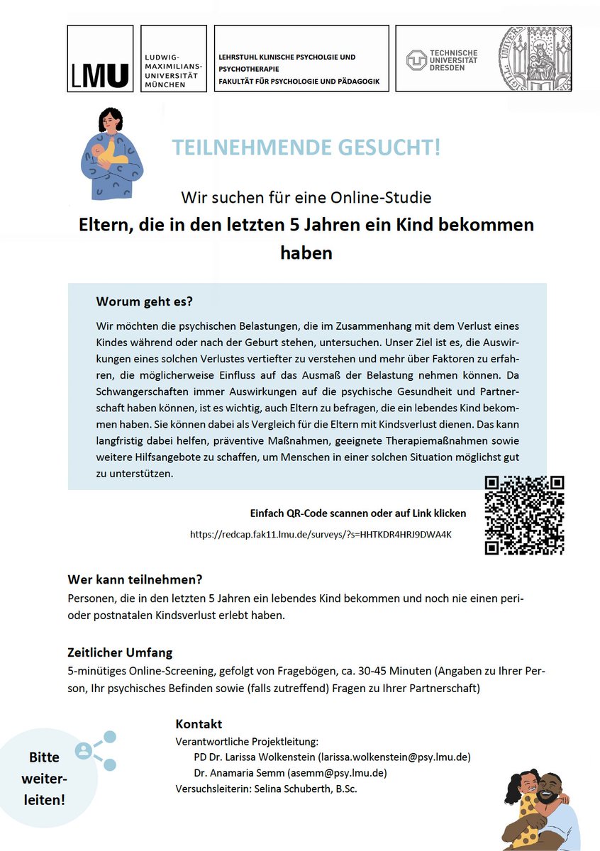 Child and Family Mental Health Lab (@zietlow_lab) on Twitter photo 🎓 Online-Studie: Eltern gesucht!  
Haben Sie in den letzten 5 Jahren ein Kind bekommen?  
Wir erforschen, wie Geburten psychische Gesundheit und Partnerschaft beeinflussen.  
➡️ Jetzt an unserer Online-Studie teilnehmen: redcap.fak11.lmu.de/surveys/?s=HHT…
#Baby #Geburt #Eltern 🎓 Online-Studie: Eltern gesucht!  
Haben Sie in den letzten 5 Jahren ein Kind bekommen?  
Wir erforschen, wie Geburten psychische Gesundheit und Partnerschaft beeinflussen.  
➡️ Jetzt an unserer Online-Studie teilnehmen: redcap.fak11.lmu.de/surveys/?s=HHT…
#Baby #Geburt #Eltern