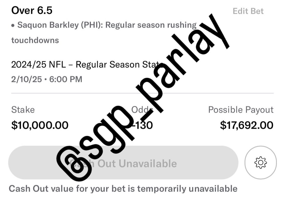 SGP_Parlay's tweet photo. Sending $500 to a FOLLOWER that RETWEETS & LIKES this post!

✅ Saquon Barkley o6.5 Regular Season Rushing Touchdowns (-130)

$10,000 ➡️ $17,692 💰

What a future bet by @sgp_stephen posted in discord!

Cashes in Week 11, in the Write up on discord he predicted it would cash by Week 12 which is insane! 🔥

#GamblingX #GamblingTwitter #GamblingCommunity #PlayerProps #SaquonBarkley