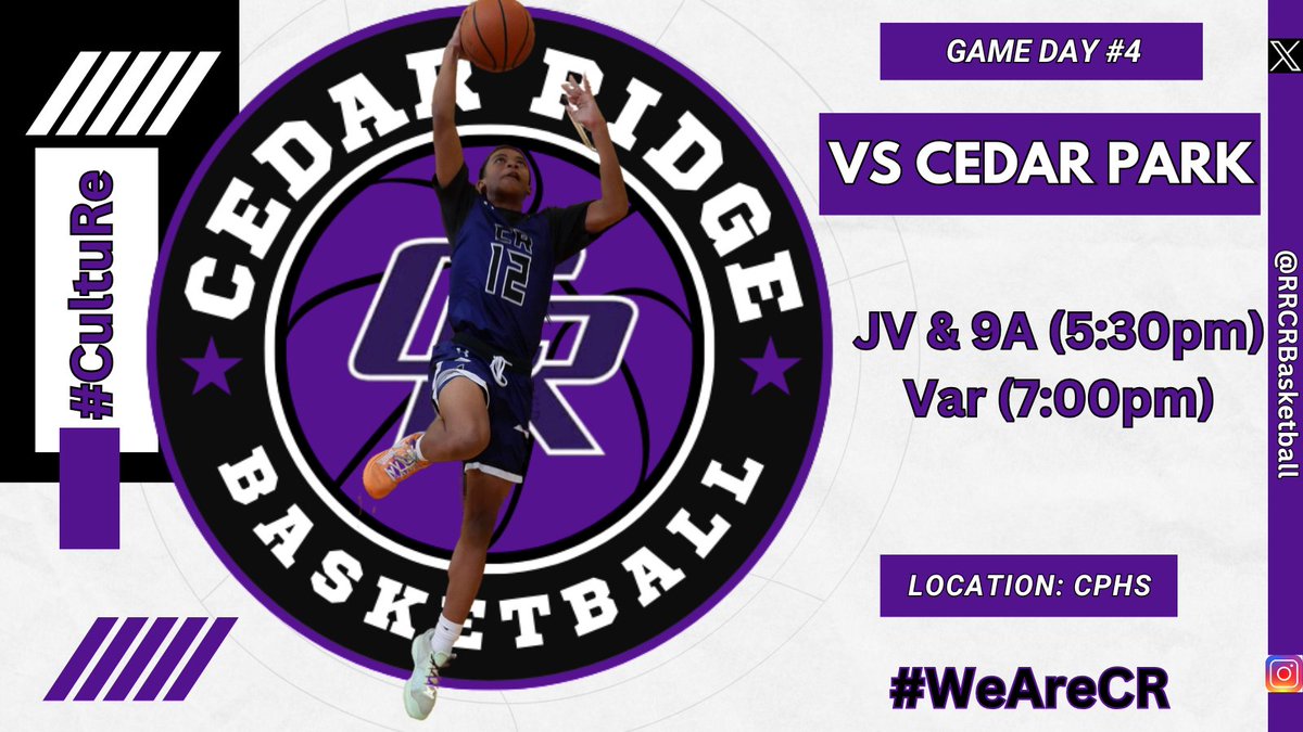 RRCRBasketball's tweet image. 🏀Game Day🏀
🆚Cedar Park
📍@CedarParkHigh 
⏰JV &amp;amp; 9A (5:30pm), Var (7pm)

Come out and support your #Raiders tonight! #WeAreCR #CultuRe
@CedarRidgeHigh @RoundRockISD @var_austin @statesman @AlamoCityHoops1 @Centex_Recruits @Qblack15