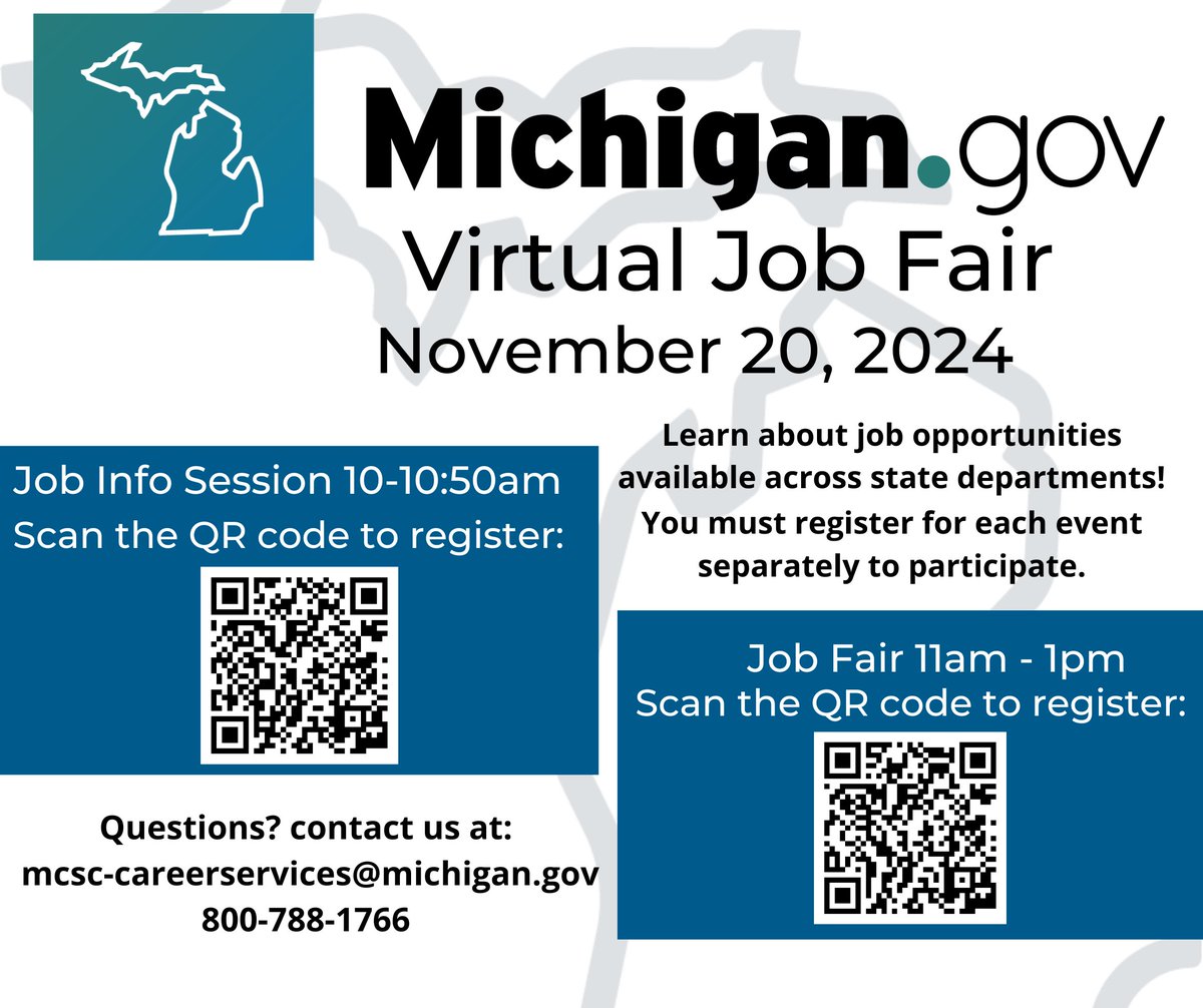 Please join the State of Michigan for our next virtual information session and job fair on November 20, 2024.  Open to the public. For information session click here tinyurl.com/y44xues2 for job fair click here tinyurl.com/4at8rjzb #MiGovJobs #employment