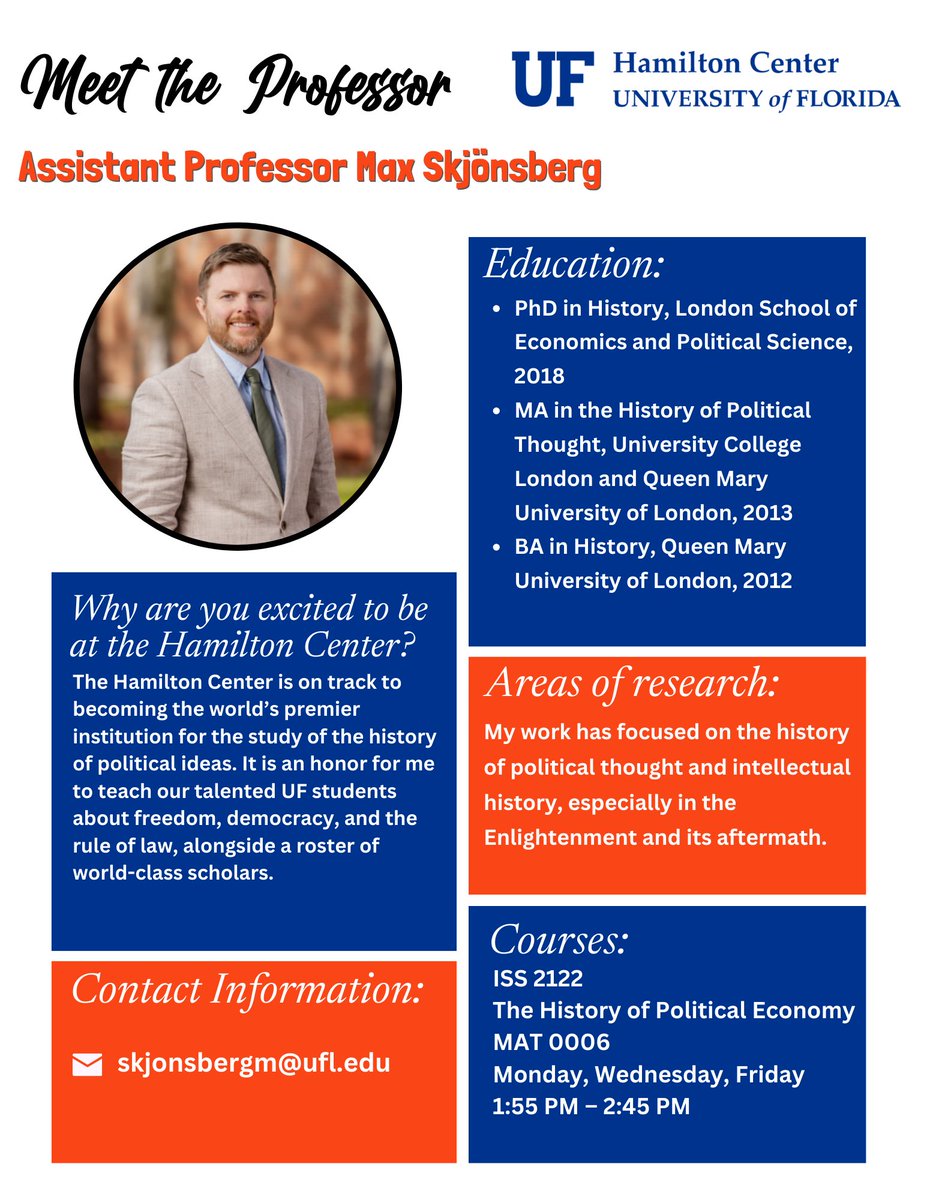 ufhamilton's tweet photo. Meet Assistant Professor @MaxSkjonsberg
This is part of our Meet the Professor: Hamilton Center Faculty Spotlight series! If you're interested in taking a class with Dr. Skjönsberg, reach out to our advising team today.
@UF #HamiltonCenter
https://t.co/82fOT55ewo https://t.co/s8GMpe2ShP