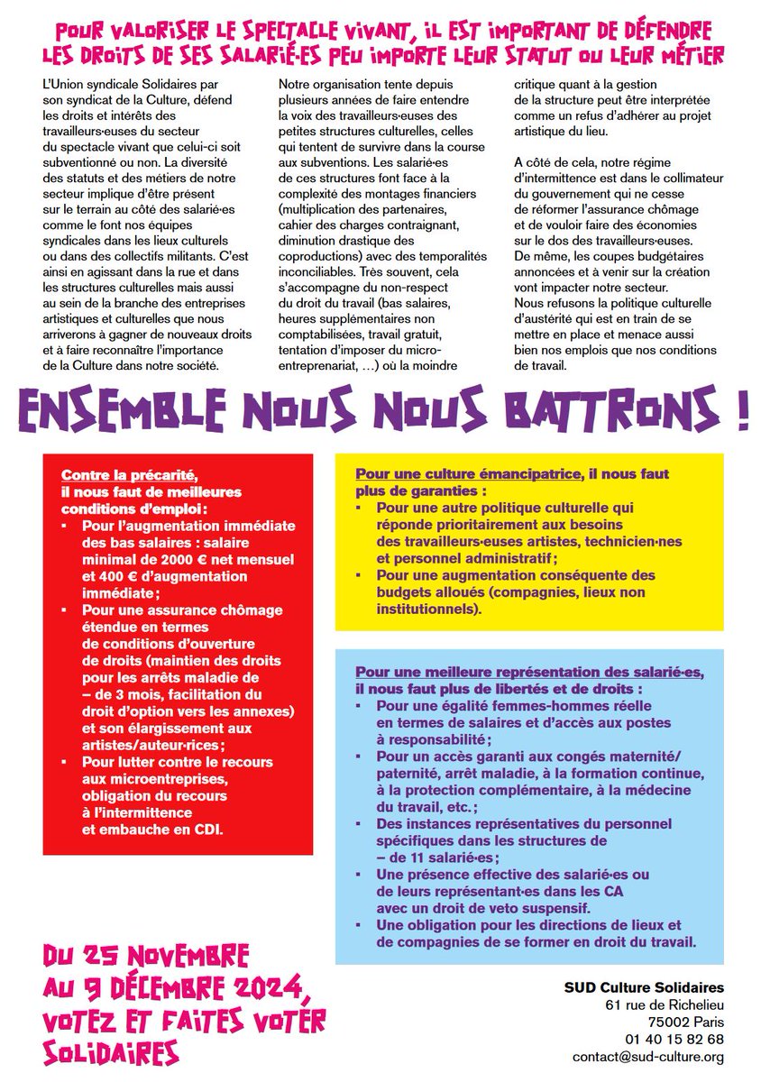 🩰salarié.es du spectacle vivant, nous avons des droits ! Les élections des TPE/TPA sont une occasion de les faire valoir et donner de la force à #SudCulture et #Solidaires !  Du 25 nov au 9 déc, VOTONS SOLIDAIRES ! #ElectionsTPA #ElectionTPE #SpectacleVivant