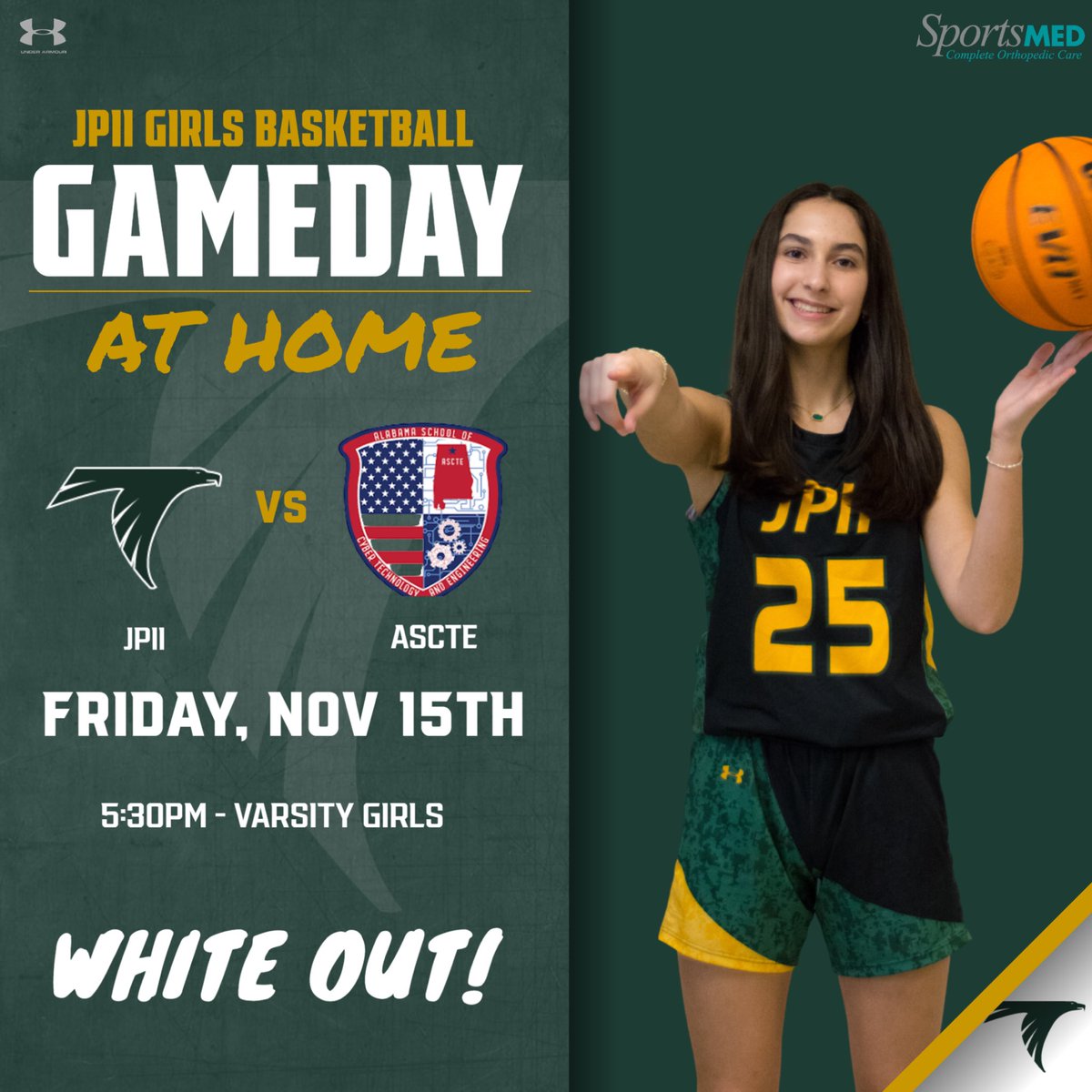 GAMEDAY!!! First Home Game! 

🆚 Alabama School of Cyber Technology and Engineering 
🏟️ St. John Paul II
⏰ Varsity 5:300 PM

It is a white out theme! Come out, pack the gym, and support your falcons!