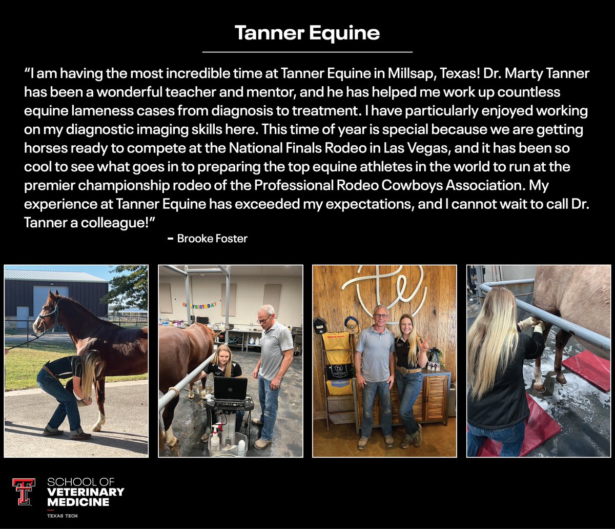 TTUVetMed's tweet photo. Take a glimpse into RaiderVet Brooke Foster’s time at Tanner Equine in Millsap, Texas.

With hands-on experiences, Brooke is learning so much about equine medicine under the guidance of Dr. Marty Tanner.

Guns Up Brooke!

#TTUVetMed https://t.co/ZwvRGFjzRc
