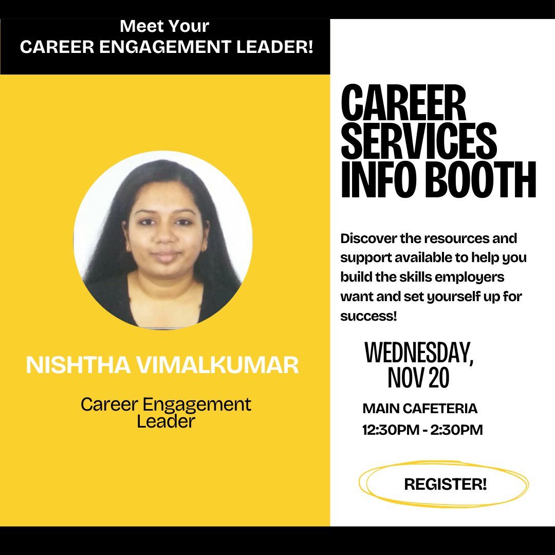 NEW TIME! 🥳 our next Career Services Info Booth on the #Kingston campus is Nov 20! and discover the resources, supports, and connections available to help you build the skills employers want and set yourself up for success! 😎🚀 register here ca.cglink.me/2o5/r380980