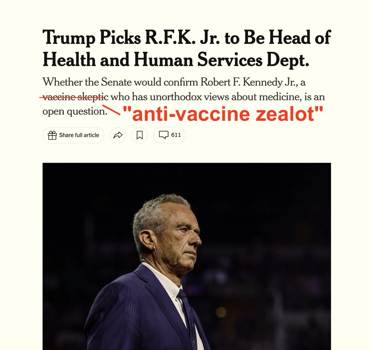 Timothy Caulfield (@caulfieldtim) on Twitter photo RFK Jr isn't a "vaccine skeptic". Please, news organization, STOP calling him that.
Despite his claims to the contrary, RFK Jr is an "anti-vaccine zealot".
This shift in language a good example of the harm he has already done. Let's not normalize harmful lies.
cc <a href="/gorskon/">David Gorski, MD, PhD</a> RFK Jr isn't a "vaccine skeptic". Please, news organization, STOP calling him that.
Despite his claims to the contrary, RFK Jr is an "anti-vaccine zealot".
This shift in language a good example of the harm he has already done. Let's not normalize harmful lies.
cc <a href="/gorskon/">David Gorski, MD, PhD</a>