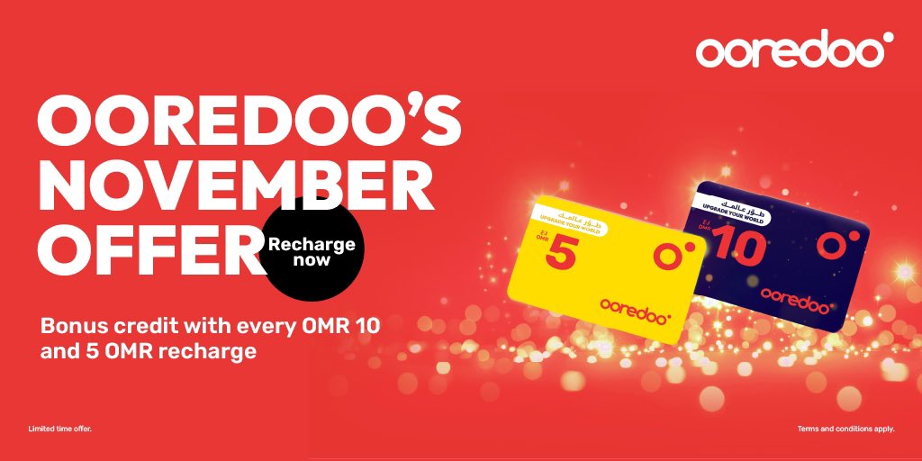 OoredooOman's tweet photo. Weβve doubled it this time,
because you deserve it! π
Get the National Day offer now and enjoy extra credit when you recharge with OMR 5 or OMR 10.
Stay up to date with our latest offers this #GloriousNovember https://t.co/zrN2KUAOk5
