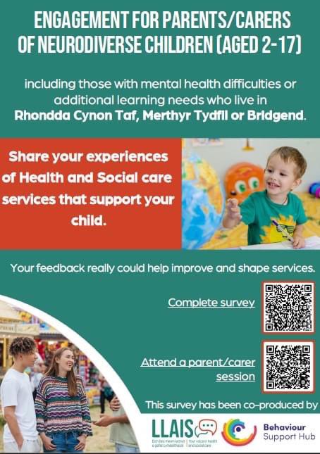Behaviourhub's tweet photo. We’ve developed a survey with @Llais_Wales for Parent carers of Neurodiverse children &amp; young people and those with mental health difficulties/ additional learning needs. No diagnosis is required.
Share anonymously
👉🏻https://t.co/RoYAKTlYoz and help shape the future of services. https://t.co/v0A6h1gEJU