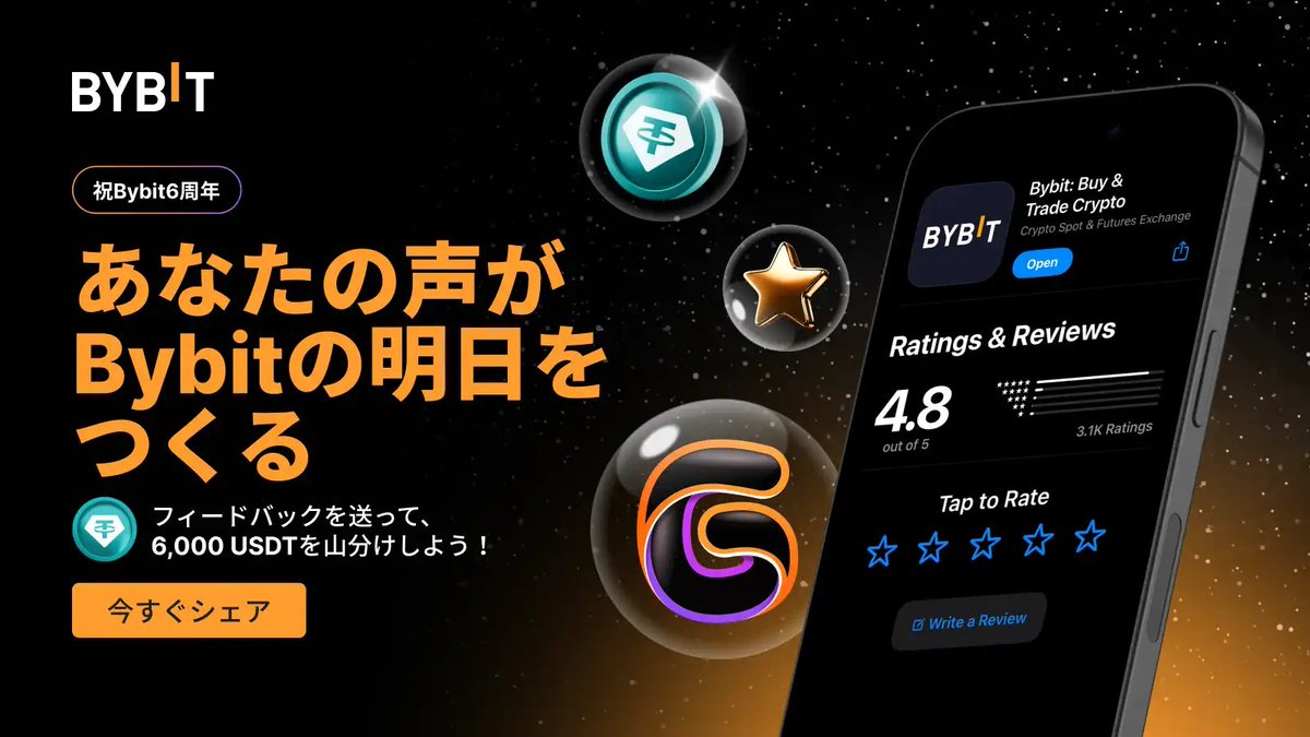 BybitJP's tweet photo. 🎉 あなたの声が明日のBybitをつくる：レビュー投稿＆6,000 USDTから配分を受け取ろう！

📅開催期間：2024年11月15日17:00～2025年1月1日3:00（日本時間）

今すぐエントリー⬇️
https://t.co/jJApjLRLOo https://t.co/raUr60eDGz