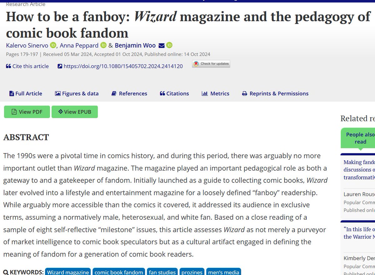 Hey! Me, <a href="/kalervideo/">Kalervo A. Sinervo</a> &amp; <a href="/geek_worlds/">Benjamin WOO Chun How</a> have a new article in <a href="/tandf_popcomm/">Popular Communication (Taylor & Francis)</a> called "How to be a fanboy: Wizard magazine and the pedagogy ofcomic book fandom." Reviewer 2 asked me change a dick pun &amp; I said NO. Need access? DM me for a PDF! #ComicsStudies

tandfonline.com/doi/abs/10.108…