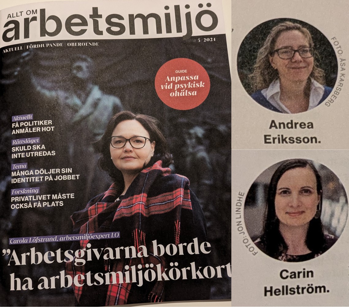 KthErgonomics's tweet photo. 🌟✨Vi är stolta över att lyfta fram den betydelsefulla forskning som genomförs vid vår avdelning! Andrea Eriksson och Carin Hellström har bidragit till inkluderande arbetsmiljö och arbetet mot diskriminering uppmärksammade i Allt om Arbetsmiljö. https://t.co/Zxo660SE7b