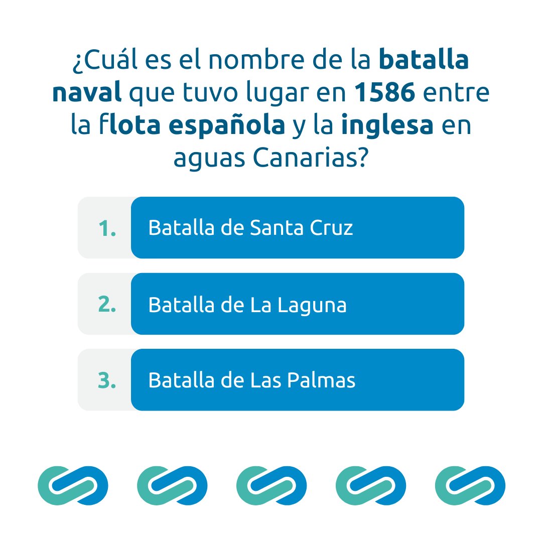 ¿Cuánto sabes sobre la historia naval de #Canarias? ⚓️

En 1586 se libró una intensa batalla entre la flota española y la inglesa en nuestras aguas, un enfrentamiento que se recordaría como uno de los más sangrientos del Archipiélago.

¿Te animas a averiguar su nombre?
