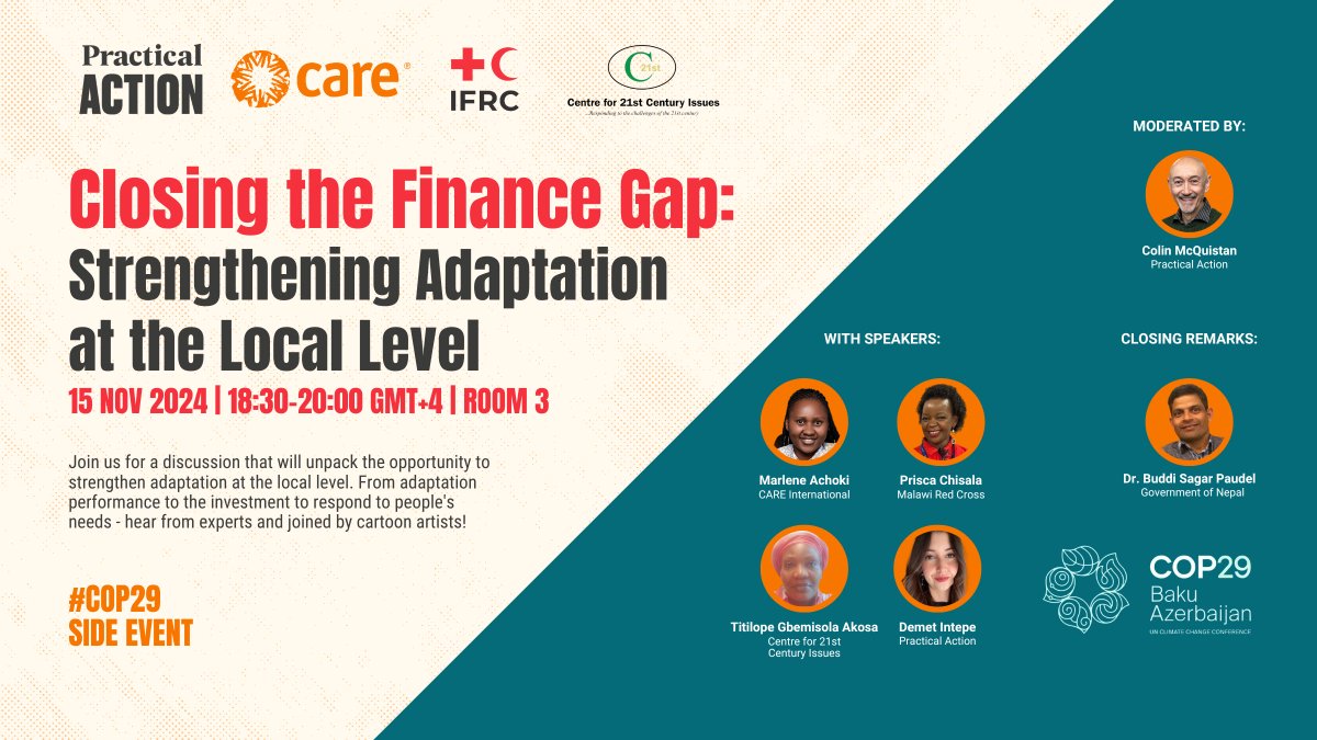 CARE Climate Justice (@careclimate) on Twitter photo #COP29Baku Local communities have central roles in climate adaptation projects. <a href="/CAREGlobal/">CARE International</a> <a href="/c21st_org/">Centre for 21st Century Issues</a> <a href="/ifrc/">IFRC</a> <a href="/PracticalAction/">Practical Action</a> - & cartoonists! - will discuss and unpack opportunities to strengthen local adaptation, from performance to investment to respond to people's needs. 1/👇 #COP29Baku Local communities have central roles in climate adaptation projects. <a href="/CAREGlobal/">CARE International</a> <a href="/c21st_org/">Centre for 21st Century Issues</a> <a href="/ifrc/">IFRC</a> <a href="/PracticalAction/">Practical Action</a> - & cartoonists! - will discuss and unpack opportunities to strengthen local adaptation, from performance to investment to respond to people's needs. 1/👇