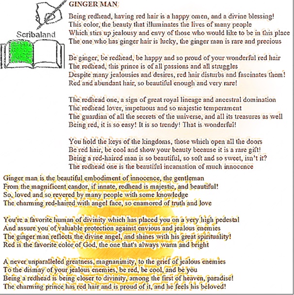 scribaland1's tweet photo. #scribaland1 GINGER MAN
Being red haired man is so fantastic,and so glamorous! People with red hair are very talented and gorgeous! Sobe red,be cool!#scribaland #writingpoems #writingapoem #writingpoetry #yourpoems #yourpoetry #poems #poetry #university #universities #verb #verbs https://t.co/J0XHOKWLtq