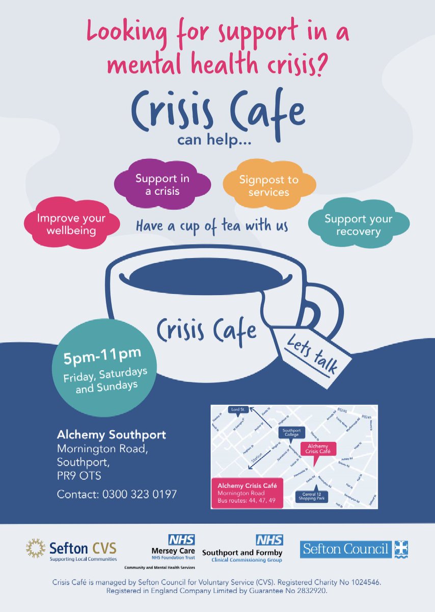 We're here to support you every weekend! 😊

➡️ Southport Crisis Cafe
➡️ *Crosby Crisis Cafe

🗓️ Open Friday - *by appointment, Saturday &amp; Sunday 5pm - 11pm

📲 0300 323 0197
📩crisiscafe@seftoncvs.org.uk

<a href="/seftoncouncil/">Sefton Council</a> <a href="/NHSCandM/">NHS Cheshire and Merseyside</a> <a href="/Mersey_Care/">Mersey Care NHS FT 🏳️‍🌈</a> #MentalHealthMatters