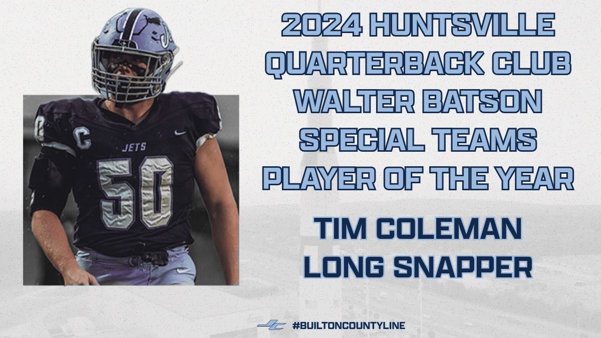 James Clemens Jets Fb (@jcjetsfootball) on Twitter photo Congratulations to senior Long Snapper <a href="/TimColemanTBONE/">Tim “T-Bone” Coleman</a> for being named the Huntsville Quarterback Club Walter Batson Special Teams Player of the Year. #GoJets #BuiltOnCountyLine Congratulations to senior Long Snapper <a href="/TimColemanTBONE/">Tim “T-Bone” Coleman</a> for being named the Huntsville Quarterback Club Walter Batson Special Teams Player of the Year. #GoJets #BuiltOnCountyLine