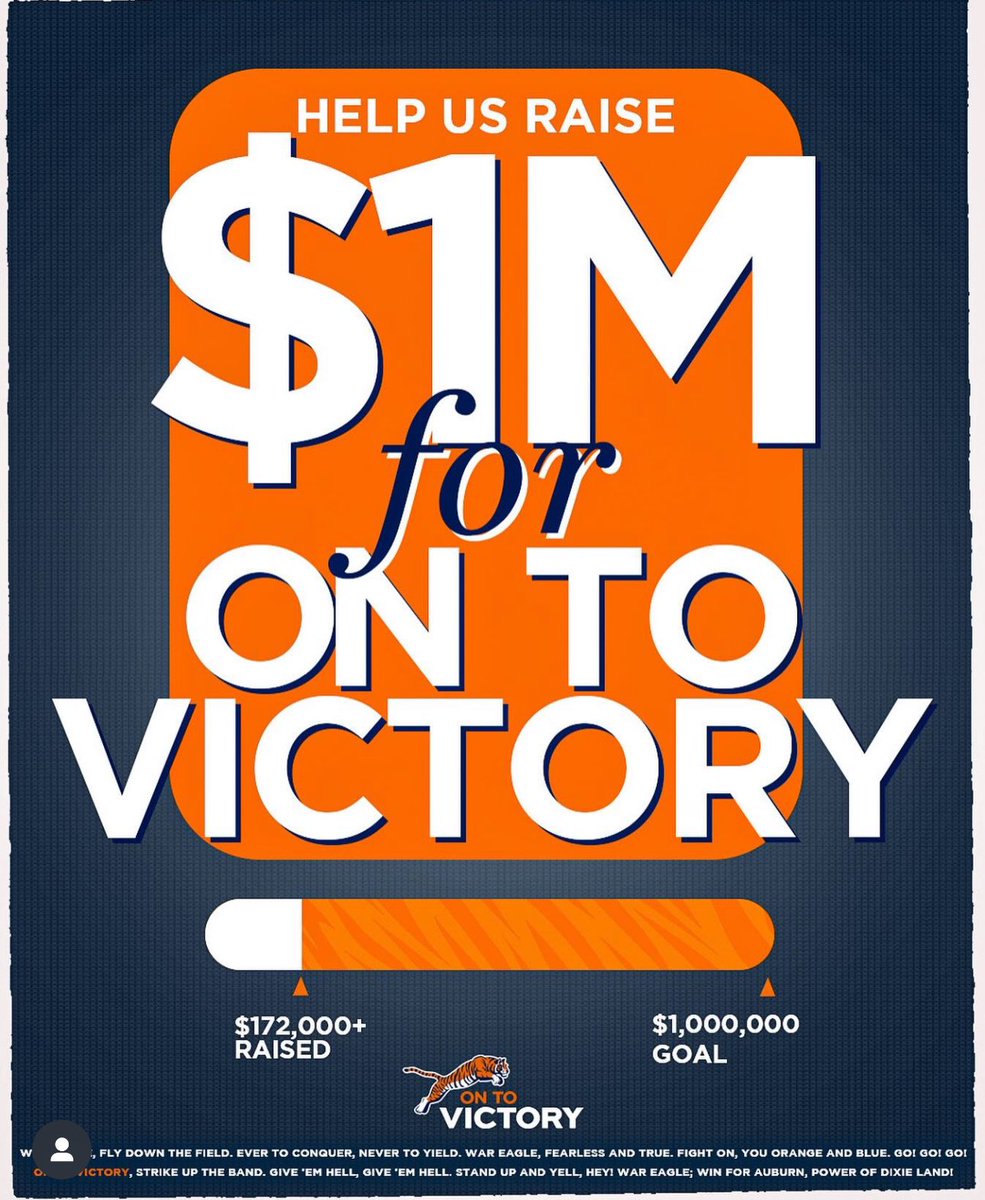 Auburn Family: Support Auburn athletes like me and make your impact go 3X further! 🦅
A donor will match your On To Victory subscription 3:1. Your $204 = $816 in support!
We're at $172,026. Help us hit $1M by Dec 20!
shorturl.at/RbB6x