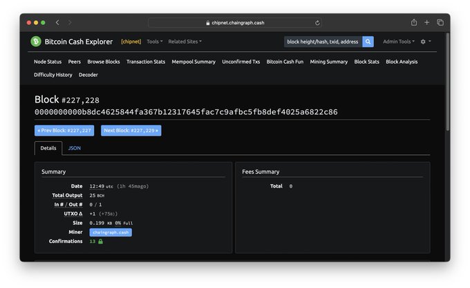 Screenshot of block #227,228 (0000000000b8dc4625844fa367b12317645fac7c9afbc5fb8def4025a6822c86) at chipnet.chaingraph.cash