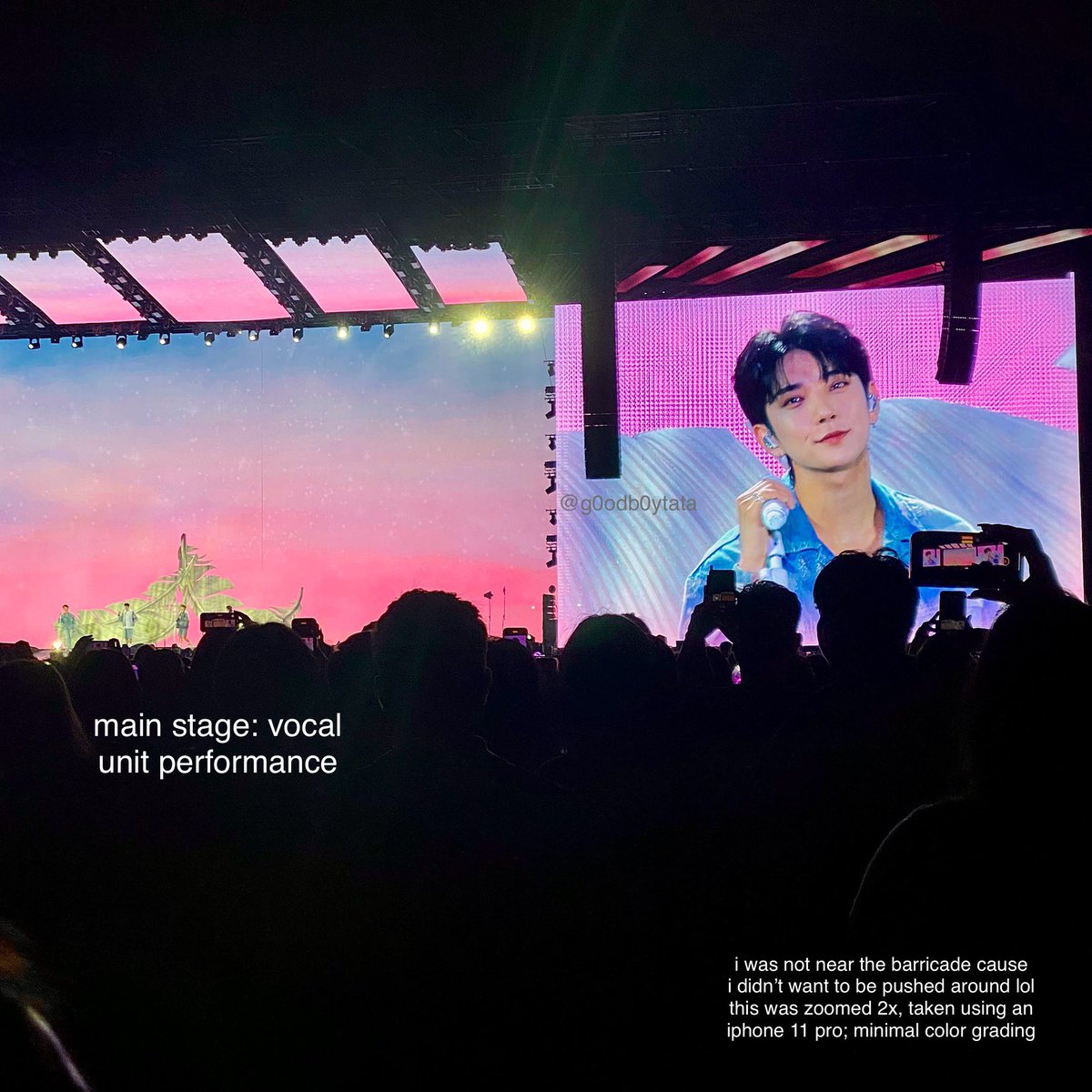 g0odb0ytata's tweet image. standing h ako nung ftb (i think this is standing i/j now). super sulit talaga since lalo ngayon na mas inextend pa yung stage, makikita talaga sila. this was my view sa main and extended stages last con 🫶🏼