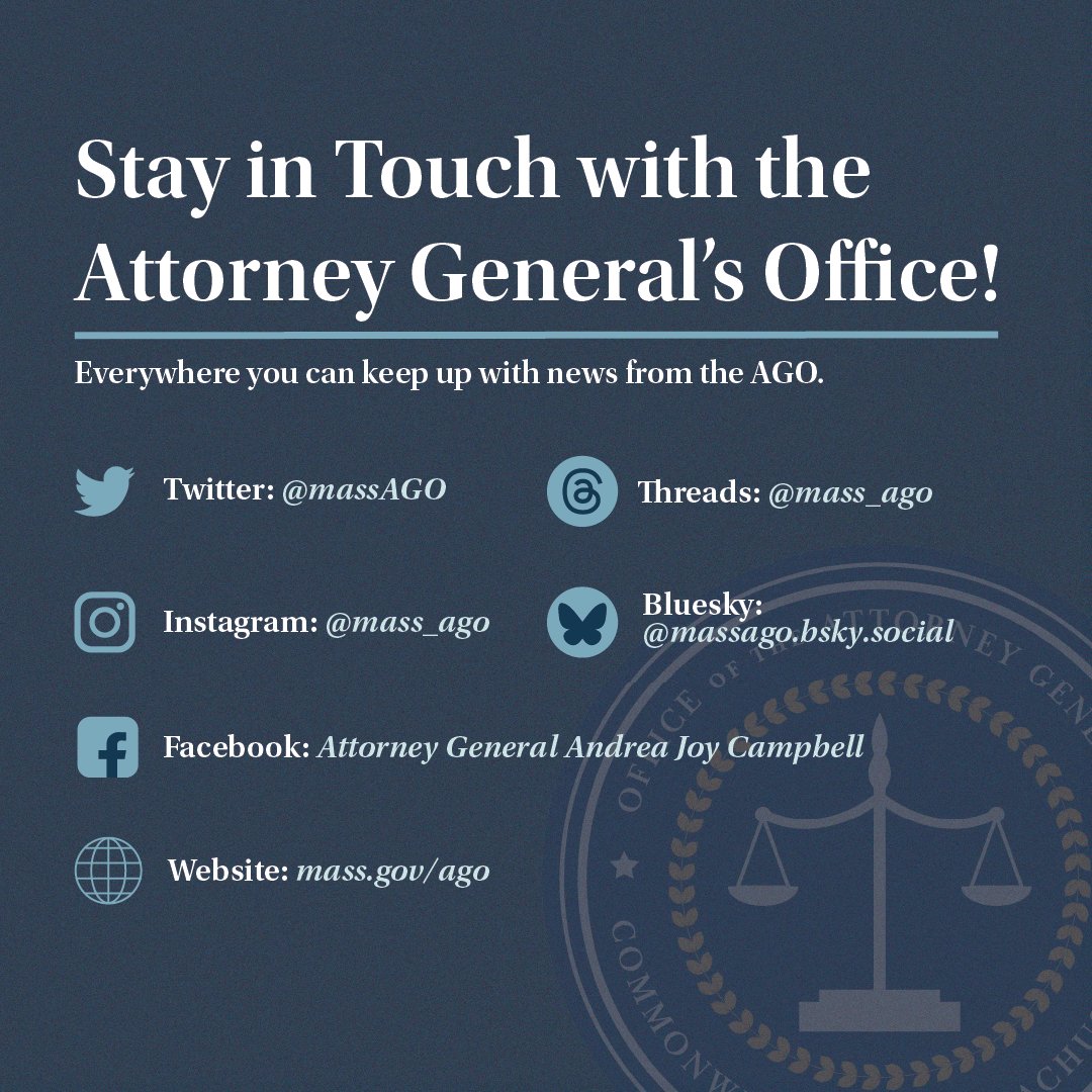 MassAGO's tweet image. Connecting with folks and our ability to share information and resources is more critical than ever - stay in touch with the AGO:
Instagram: instagram.com/mass_ago
Threads: threads.net/@mass_ago
Bluesky: bsky.app/profile/massag…
Facebook:facebook.com/MassAttorneyGe…