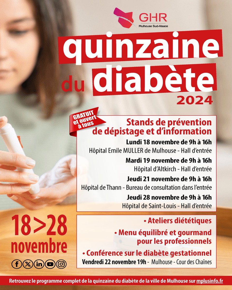 🗓 Du 18 au 28 novembre, retrouvez des stands de prévention, de dépistage et d'information situés sur 4 sites du GHRMSA, gratuits et ouverts à tous de 9h à 16h
ℹ Retrouvez le programme complet de la quinzaine du diabète de la ville de Mulhouse sur mplusinfo.fr