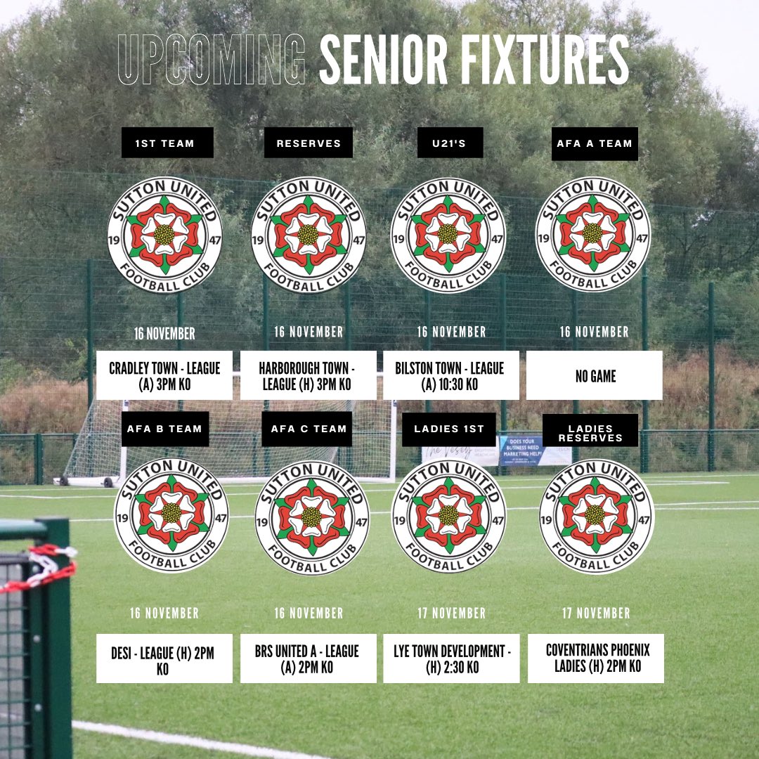 SuttonUtdFC's tweet photo. ⚽️🟢 || SENIOR SECTION - Upcoming Fixtures || 🟢⚽️

The First Team, 21’s &amp; the AFA ‘C’ team are on the road this weekend! All support is welcome at any of our Senior fixtures as we look to push on in all of our respective leagues. ⚽️

#GreenArmy
🟢⚫️ https://t.co/sSYcWj2E6D