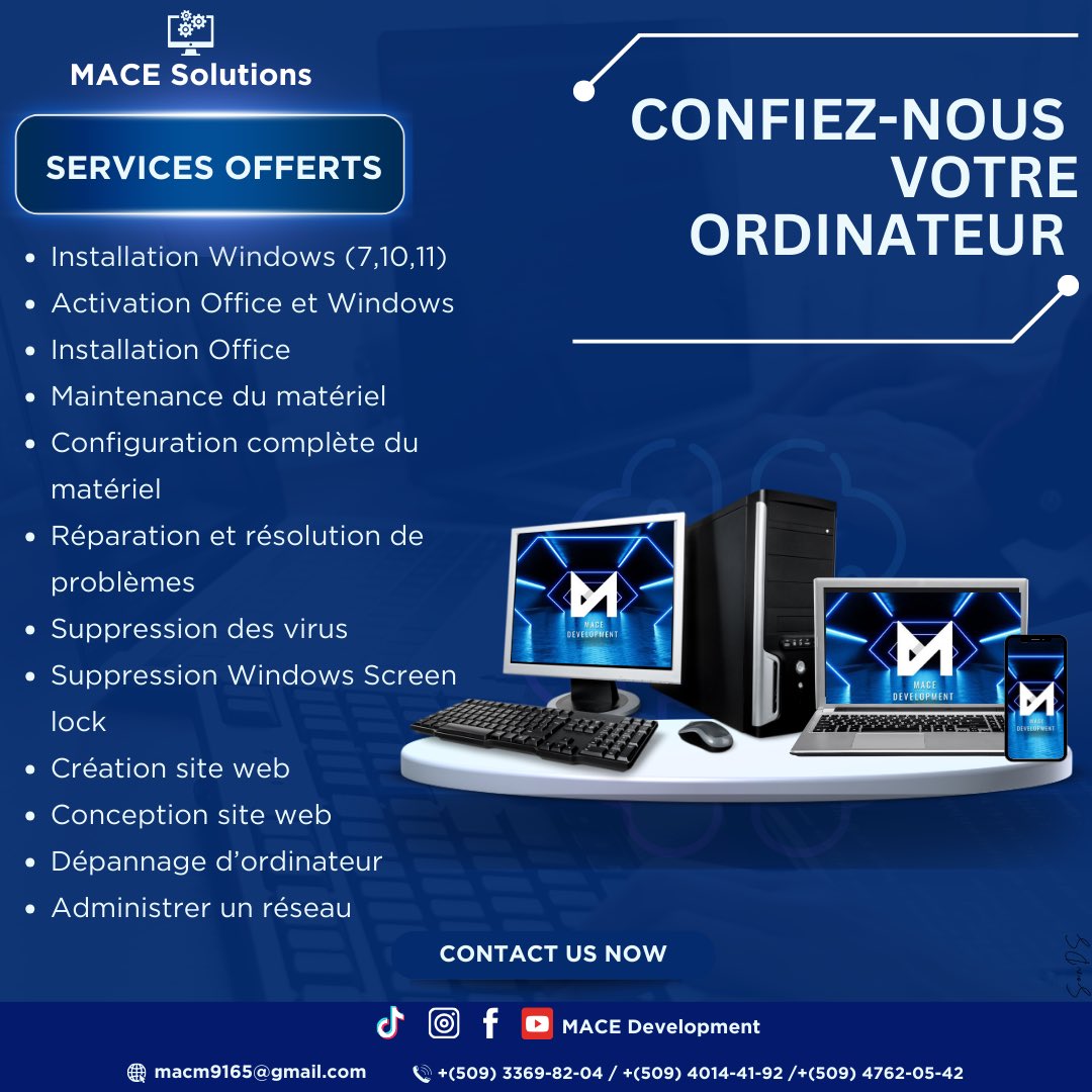 📍Pa ezite kontakte MACE Solutions🖥️💻 pou tout problèm🛠️🔧  odinatè  pa’w lan , si’w gen biznis 🏦🏨ou anvi enfòmatize’l,mete’l  anliy 📡etc… kontakte nou wap jwenn bon jan sèvis💫✨.