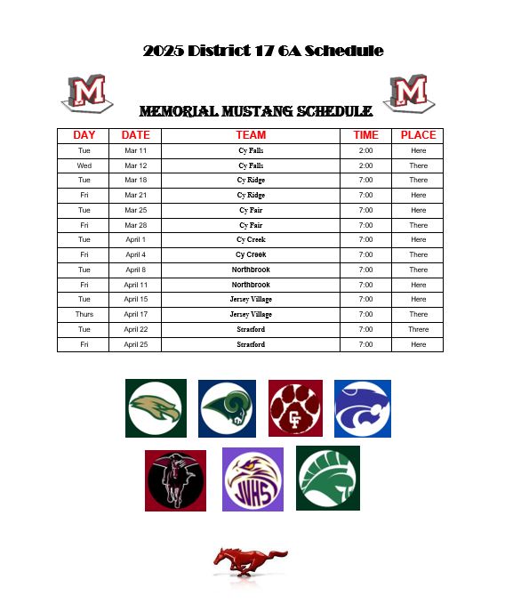 2025 Memorial Mustang 17 6A District Schedule