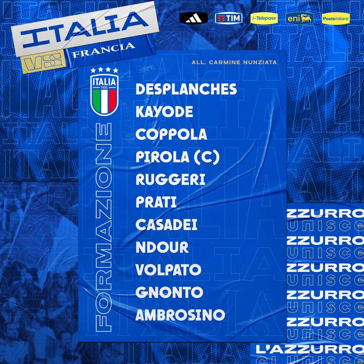 Azzurri's tweet photo. Gli 1️⃣1️⃣ #Azzurrini scelti da Carmine #Nunziata per #ItaliaFrancia 🇮🇹🇫🇷

Ore 16.15 in diretta su #Raisport 📺 

#Under21 #VivoAzzurro https://t.co/JsjFtEqQtz