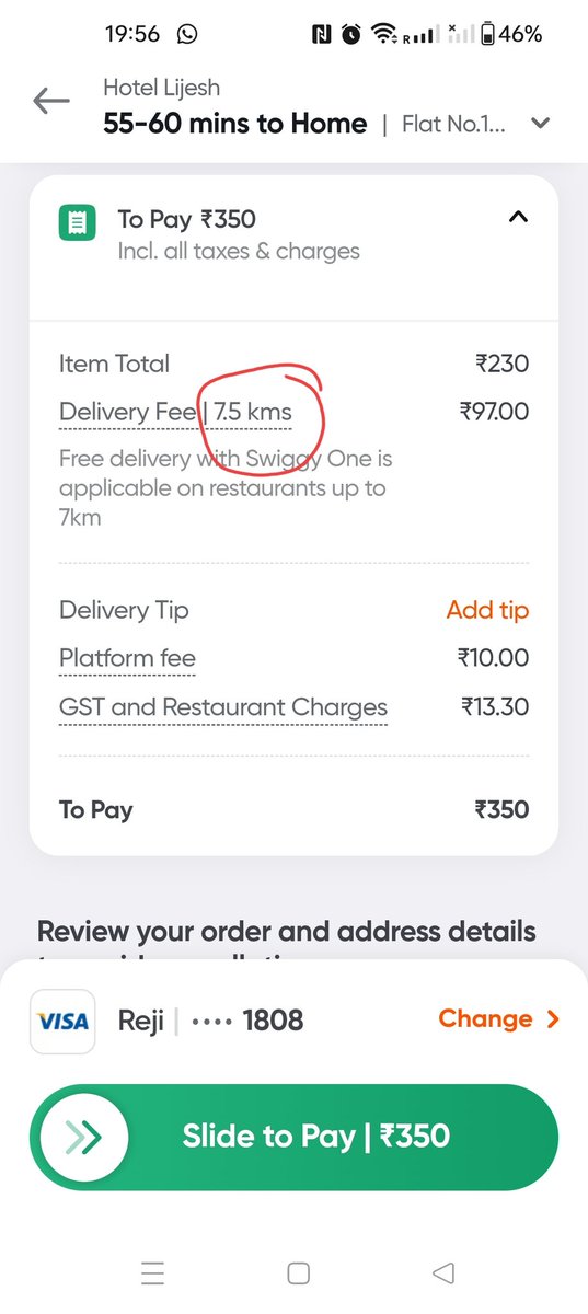 rj_talking's tweet photo. @Swiggy is cheating their customers by exaggerating the distances &amp; charging additional delivery charges. I wanted to order food from a restaurant which is actually 6.8 Kms from my place, as per Google maps. As per Swiggy, it's 7.5 Kms and they're charging an additional ₹97 !! https://t.co/74stwomnWO