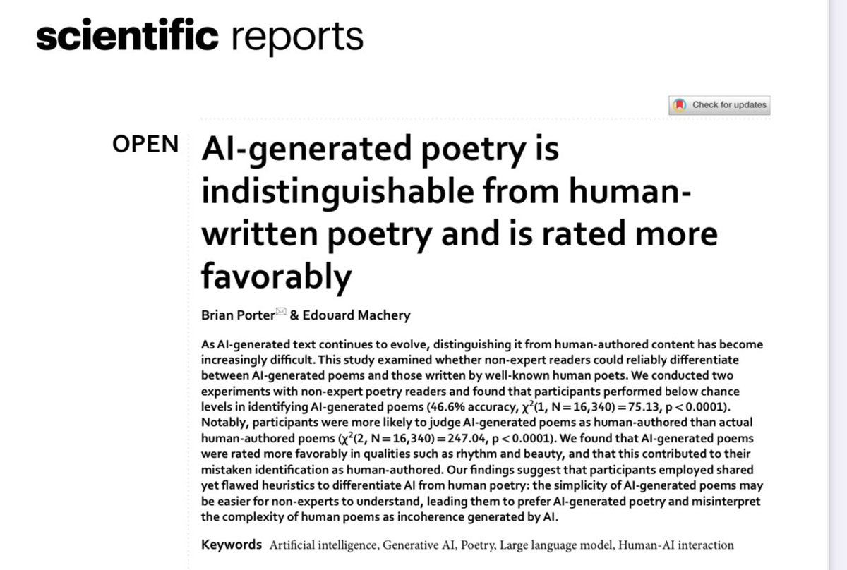 At least for non-experts: “AI-generated poems are now ‘more human than human’… participants are more likely to judge that AI-generated poems are human-authored, compared to actual human-authored poems…. participants rate AI-generated poems more highly than human-written poems”