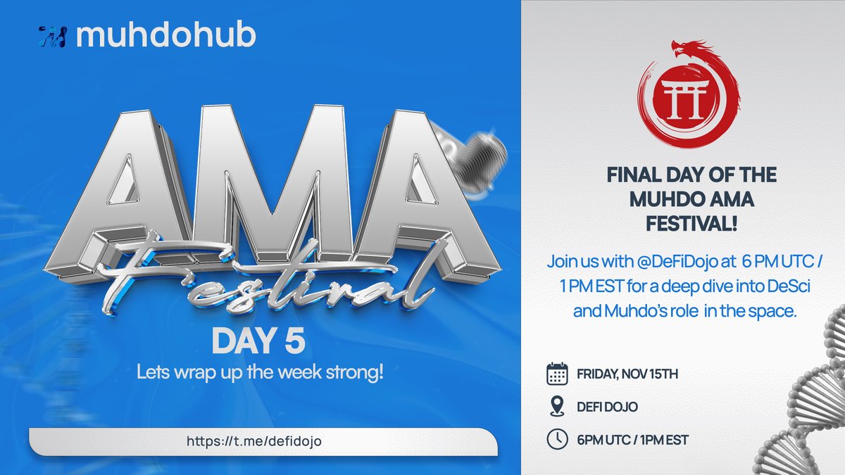It's the final day of the Muhdo AMA Festival 🎤

Join us with <a href="/defidojo_/">The Web3 Dojo</a> for a deep dive into #DeSci and #Muhdo 's present and future role in the web3 space.

🕓 6 PM UTC
📍 t.me/defidojo 

Let's wrap up this week in a strong fashion!

#MuhdoAMA $DNA