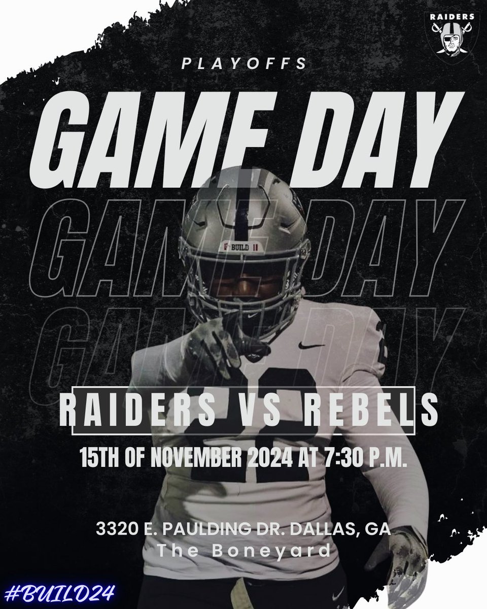 Game-Day

Pull up to the Boneyard tonight!

#BUILD24 

#RaiderNation <a href="/Raiders/">Las Vegas Raiders</a> <a href="/AthleticsEP/">EPHS Athletics</a> <a href="/VanSpence10/">Van Spence</a> <a href="/coachruss23/">Coach Russell</a> <a href="/BJacobsonFBall/">RaiderNationEPHS</a> <a href="/RecruitGeorgia/">Recruit Georgia</a> <a href="/NwGaFootball/">NwGa Football</a> <a href="/RustyMansell_/">Rusty Mansell</a> <a href="/BALLERSCHOICE1/">BALLERS CHOICE LLC</a> <a href="/ChadSimmons_/">ChadSimmons</a> <a href="/ErikRichardsUSA/">Erik Richards</a> <a href="/NEGARecruits/">Northeast Georgia Recruits</a> <a href="/PrepRedzoneGA/">Prep Redzone Georgia</a> <a href="/GHSFdaily/">GHSF Daily</a>