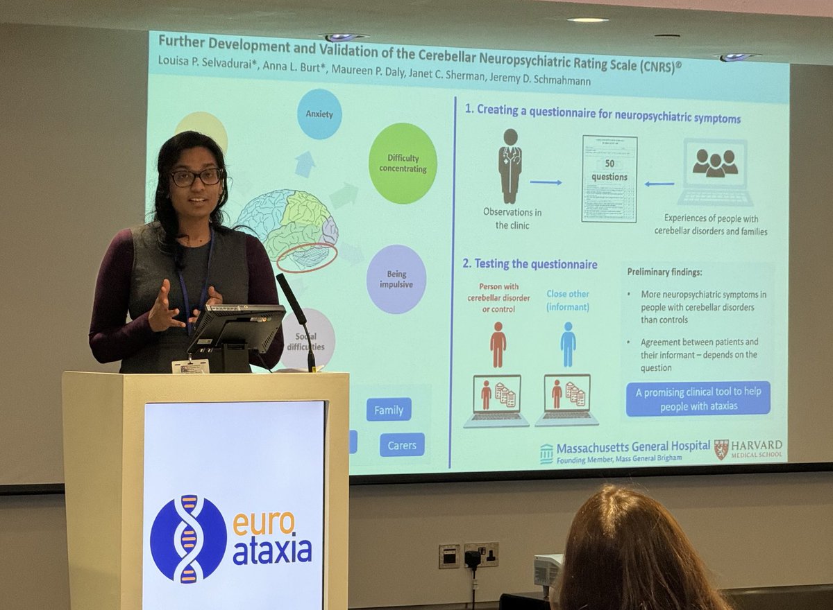 SchmahmannLab's tweet image. PROM-Ataxia is sensitive to change over 1 year in spinocerebellar @NAF_Ataxia - Anna Burt BA; and #cerebellar neuropsychiatric rating scale further development - Louisa Selvadurai PhD, #ICAR2024. So proud of our Schmahmann lab next generation of ataxia investigators.