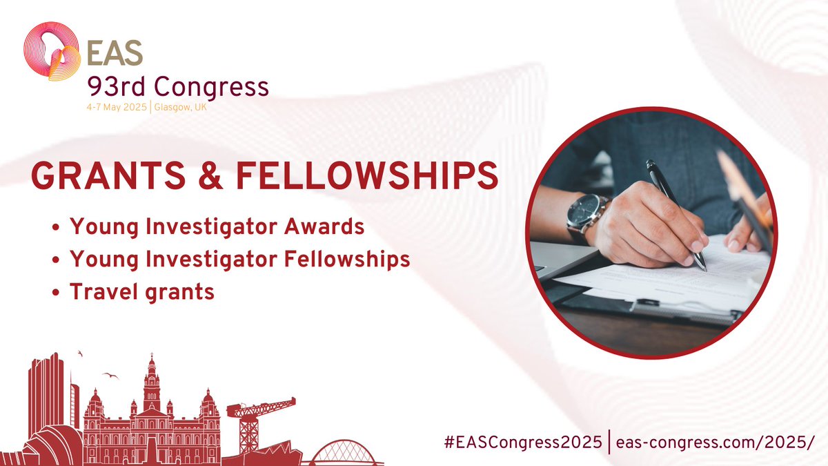 EAS supports young scientists with great opportunities for #EASCongress2025!🔹Young Investigator Awards (€2,000 prizes)🔹Fellowships for abstract/oral presenters (35 &amp; under)🔹Travel Grants
Check eligibility &amp; apply: bit.ly/40BYKsU