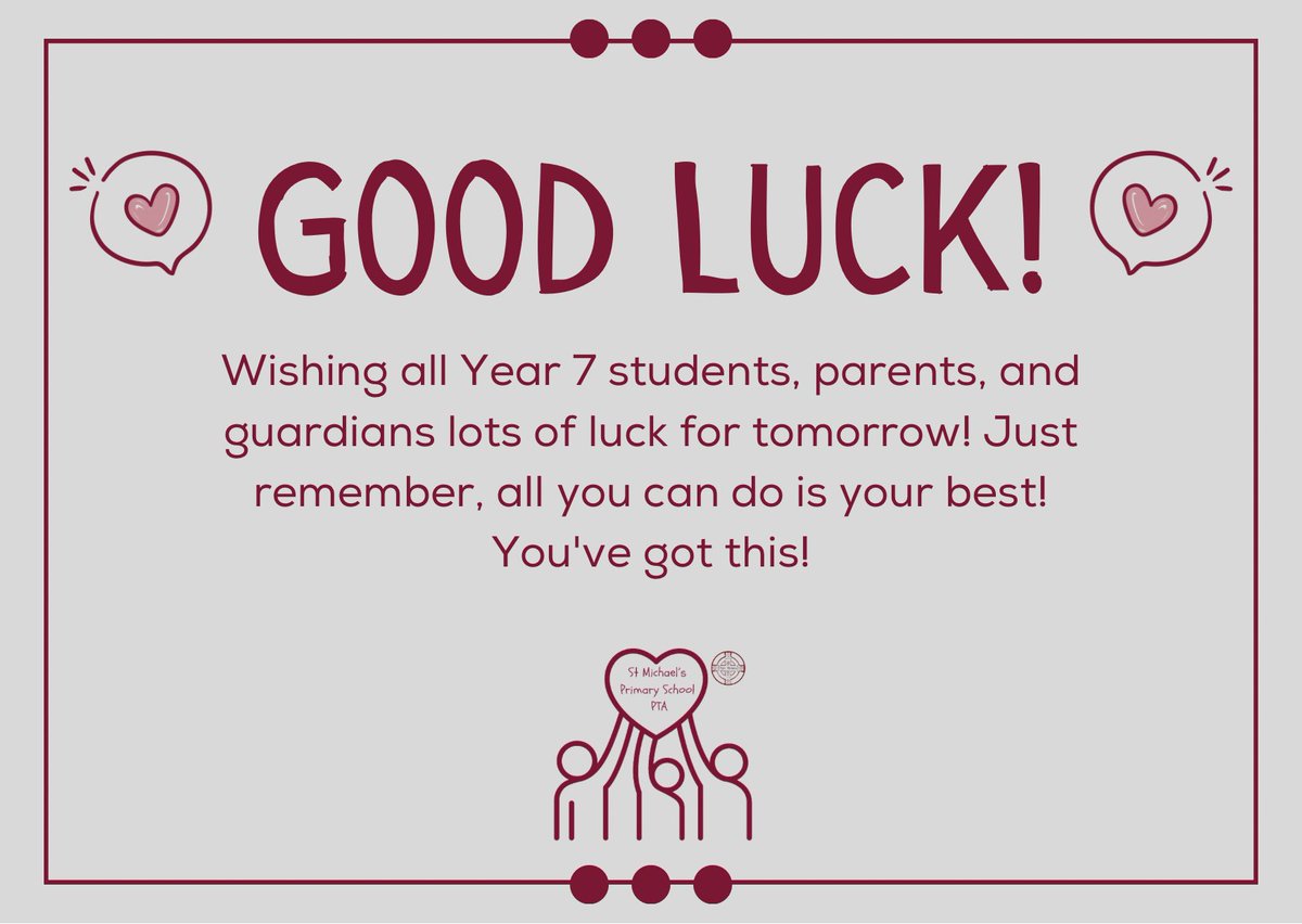 Wishing all Year 7 students, parents, and guardians lots of luck for tomorrow! Just remember, all you can do is your best! You've got this!