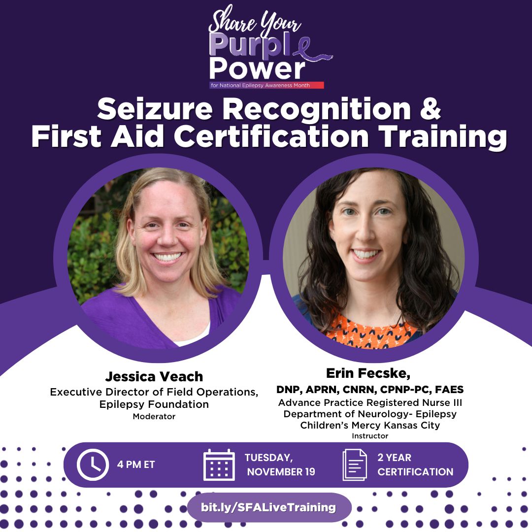 EpilepsyFdn's tweet photo. In honor of National Epilepsy Awareness Month, sign up for a training at https://t.co/faVi3CO4gC and encourage others to get certified in Seizure First Aid. Together, we can make a difference! #NEAM2024 #ShareYourPurplePower https://t.co/EmRn3t2We9