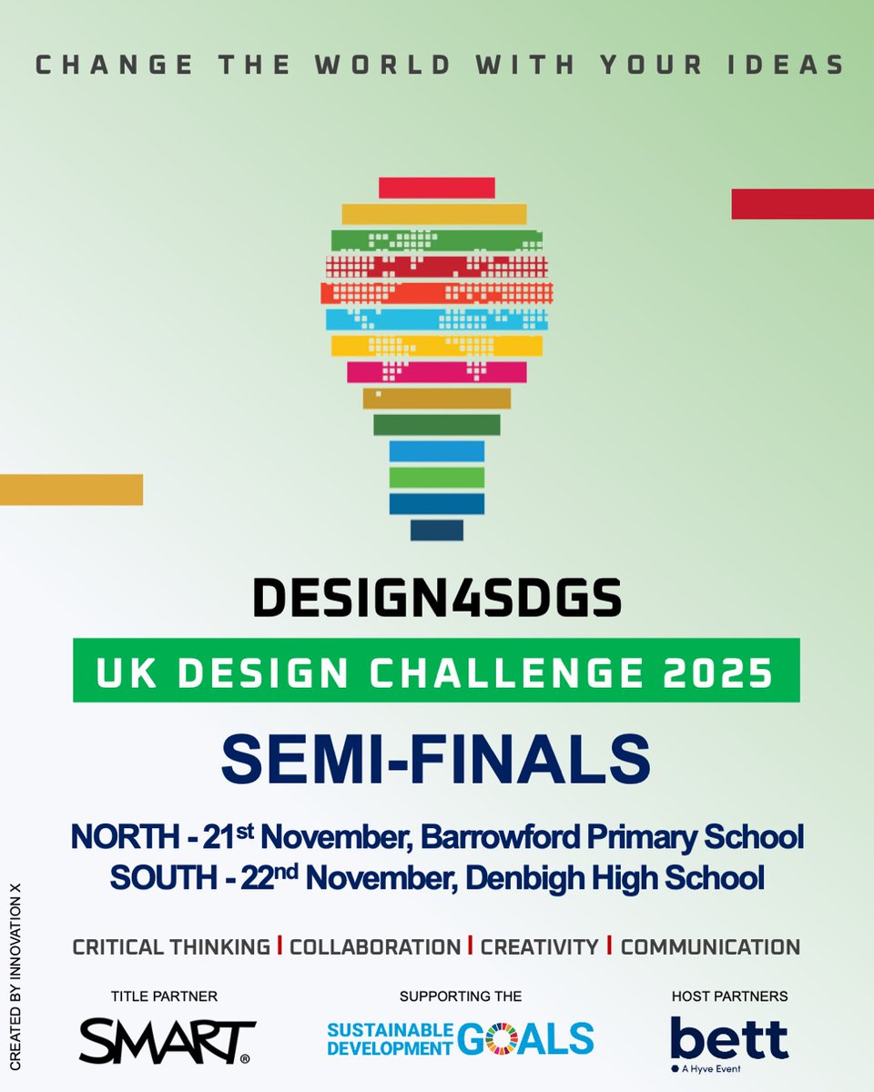 Evo Hannan - UK Design Challenge #D4SDGsUK25 (@evohannan) on Twitter photo After sharing our partnership with <a href="/SMART_Tech/">SMART Technologies</a>, we are excited to announce that our first #Design4SDGUK25๐ก๐ฑ Semi-Finals are 7 days away.
Thank you to our host schools <a href="/BarrowfordSch/">Barrowford School</a> <a href="/BarrowfordHead/">Rachel Tomlinson FRSA #ubuntu</a> and <a href="/DenbighHigh/">Denbigh High School</a> <a href="/darcyprior/">Emma Darcy</a>.
Looking forward to meeting our student teams! After sharing our partnership with <a href="/SMART_Tech/">SMART Technologies</a>, we are excited to announce that our first #Design4SDGUK25๐ก๐ฑ Semi-Finals are 7 days away.
Thank you to our host schools <a href="/BarrowfordSch/">Barrowford School</a> <a href="/BarrowfordHead/">Rachel Tomlinson FRSA #ubuntu</a> and <a href="/DenbighHigh/">Denbigh High School</a> <a href="/darcyprior/">Emma Darcy</a>.
Looking forward to meeting our student teams!