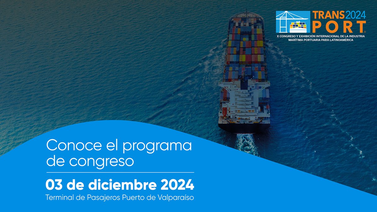 TransPort_Chile's tweet photo. Conoce el programa de Trans-Port denominado: "Visión 2040: Seguridad y Sostenibilidad en la Industria Marítima". 🚢⚓

📍 Te esperamos el 3 de dic. en el Terminal de Pasajeros, Puerto Valparaíso (TP).

🔗 Reserva tu entrada aquí: https://t.co/YUUtKZrMJh

*Sujeto a modificaciones. https://t.co/BJHCjIlWSA