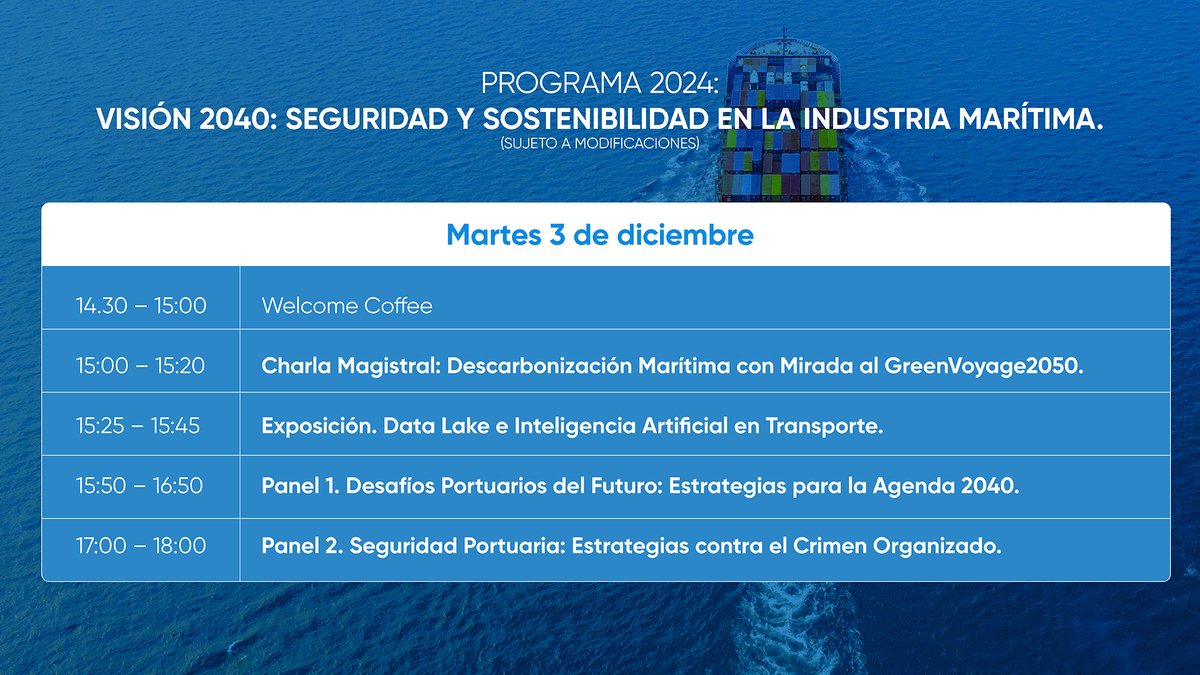 TransPort_Chile's tweet photo. Conoce el programa de Trans-Port denominado: "Visión 2040: Seguridad y Sostenibilidad en la Industria Marítima". 🚢⚓

📍 Te esperamos el 3 de dic. en el Terminal de Pasajeros, Puerto Valparaíso (TP).

🔗 Reserva tu entrada aquí: https://t.co/YUUtKZrMJh

*Sujeto a modificaciones. https://t.co/BJHCjIlWSA