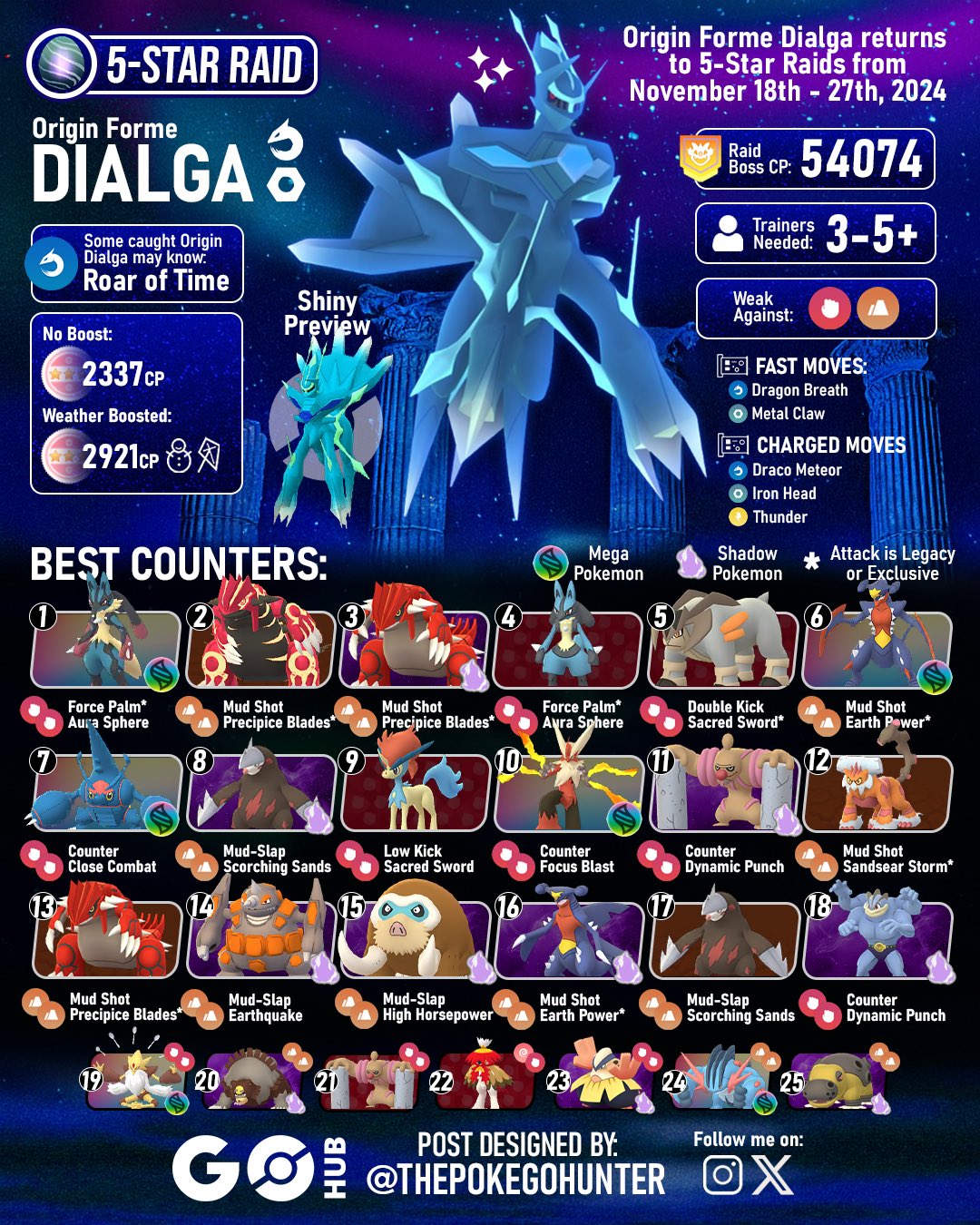 The Poke GO Hunter on X Origin Dialga and Palkia return to 5 Star Raids from November 18th to 27th PokemonGO Exclusive moves Roar of Time and Spacial Rend will be available